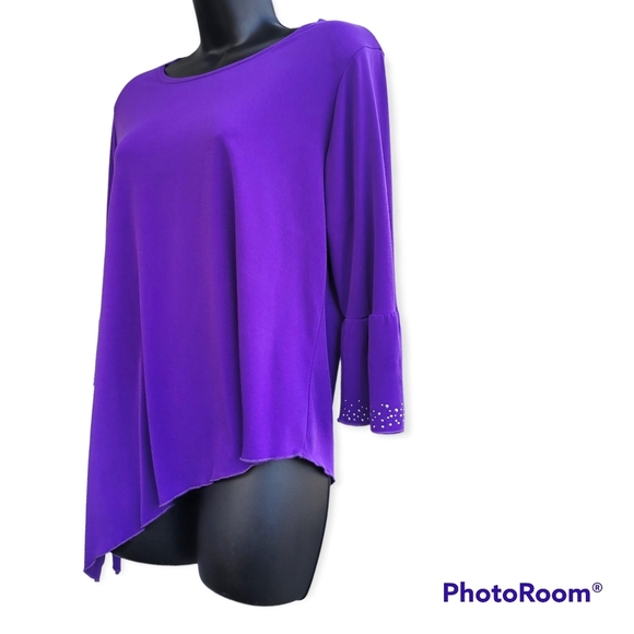 Pretty Women Long Sleeve Tunic Pullover Top Rhinestone Bell Sleeve Medium Purple - Picture 3 of 4